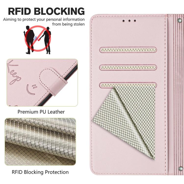 Funda de cuero RFID con relieve sonriente para TCL 605/60 SE (rosa)