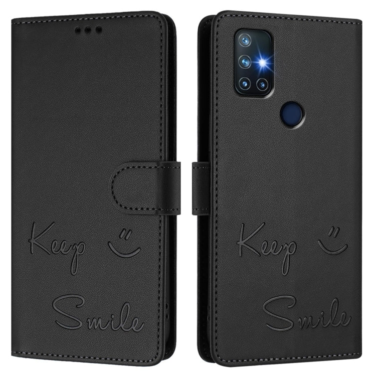 Funda de Cuero Rfid con Relieve Sonriente para OnePlus Nord N10 5G (Negra)