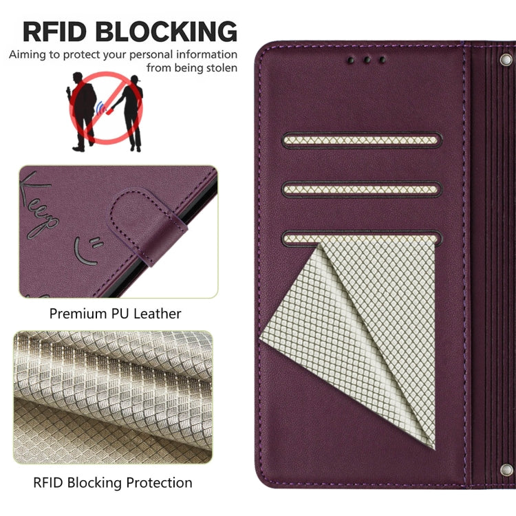 Funda de Cuero Rfid con Relieve Sonriente para OnePlus Nord N10 5G (Violeta)