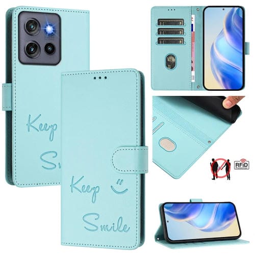Funda de Cuero Rfid con Relieve Smile para Motorola Edge 50 Neo (Verde Menta)