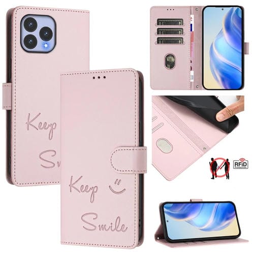 Funda de Cuero Rfid con Relieve Sonriente para Teléfono Wiko T60 Cubot P80 (Rosa)