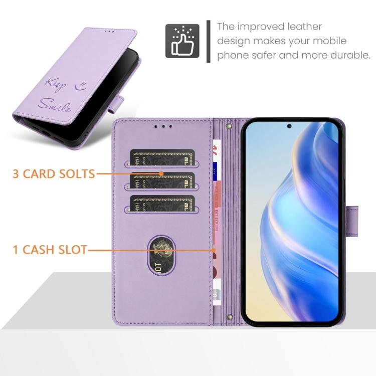 Funda de Cuero Rfid con Relieve Sonriente para Huawei Nova 13/Nova 12 (Morado Claro)