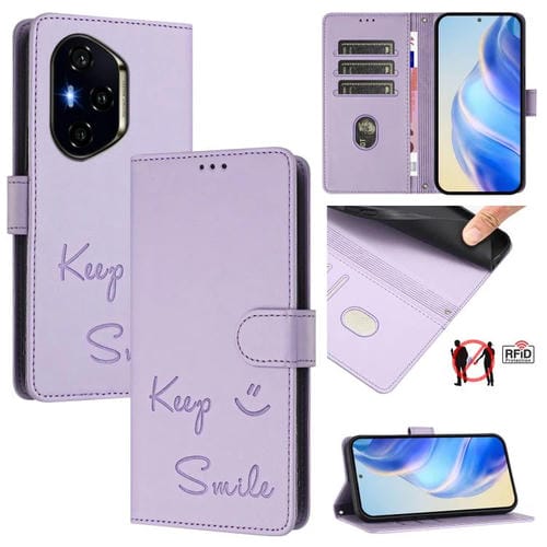 Funda de Cuero RFID con Relieve Sonriente para Honor 300 Pro 5G y 300 Ultra 5G (Morado Claro)