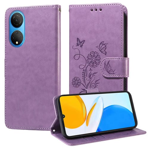 Funda de Cuero para Honor X7 4G Huawei Enjoy 30 Plus con Mariposas y Flores en Relieve (Morado)