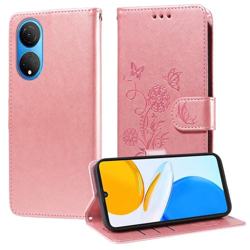 Funda de Cuero con Mariposas y Flores en Relieve para Honor X7 4G Huawei Enjoy 30 Plus (Oro Rosa)