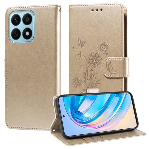 Funda de Cuero para Honor X8A 4G con Diseño de Mariposas y Flores en Relieve (Dorada)