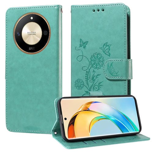 Funda de Cuero para Honor X50/X9B/Magic6 Lite con Diseño de Mariposas y Flores en Relieve (Verde)