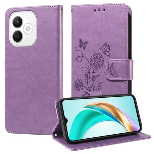 Funda de Cuero para Honor X60I con Diseño de Flores y Mariposa en Relieve (Morado)
