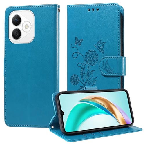Funda de Cuero para Honor X60I con Diseño de Mariposas y Flores en Relieve (Azul)