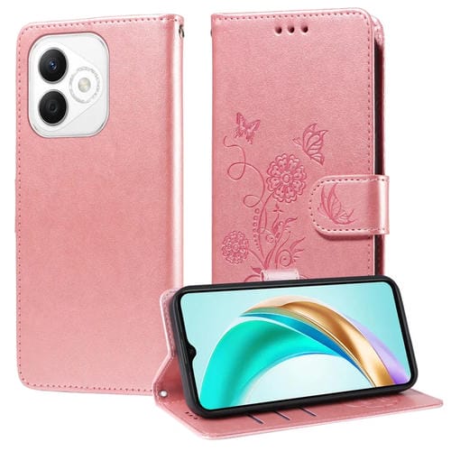 Funda de Cuero Honor X60I con Diseño de Mariposas y Flores en Relieve (Oro Rosa)