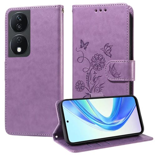 Funda de Cuero para Honor X7B 5G/4G/90 Smart 5G con Diseño de Mariposas y Flores en Relieve (Morado)