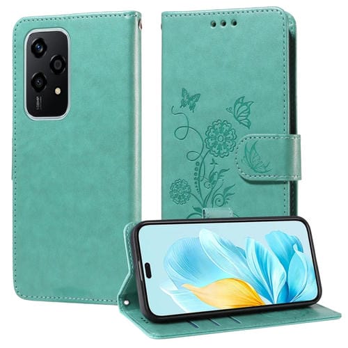 Funda de Cuero Honor 200 Lite con Diseño de Mariposas y Flores en Relieve (Verde)