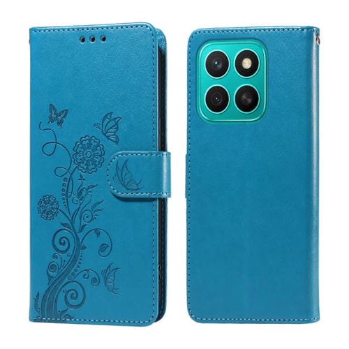 Funda de Cuero para Honor X8C 4G con Diseño de Mariposas y Flores en Relieve (Azul)