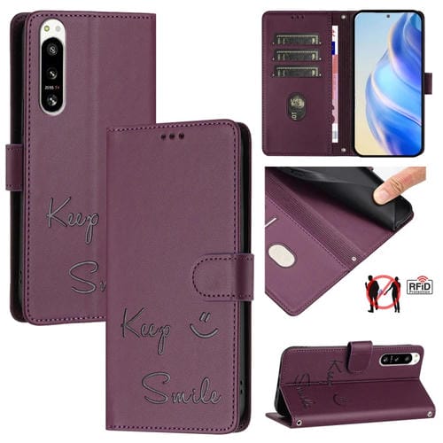 Funda de Cuero Rfid para Sony Xperia 5 Iv con Relieve Sonriente (Violeta)