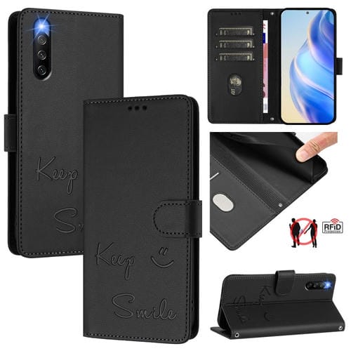 Funda de Cuero Rfid con Relieve Sonriente para Sony Xperia 10 Iv (Negra)
