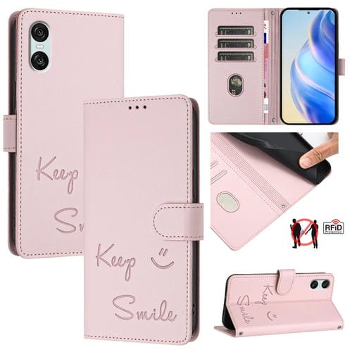 Funda de Cuero Rfid con Relieve Sonriente para Sony Xperia 10 Vi (Rosa)