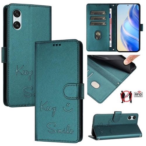Funda de Cuero Rfid con Relieve Sonriente para Sony Xperia 10 Vi (Verde Pavo Real)
