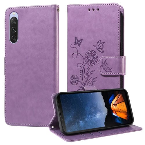 Funda de Cuero para Sony Xperia 10 V con Diseño de Mariposas y Flores en Relieve (Morado)