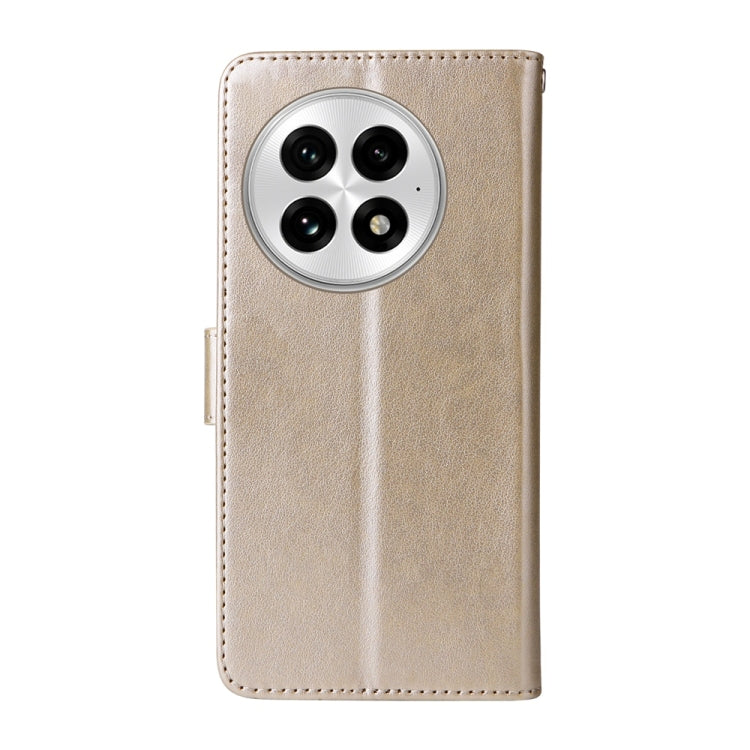 Funda de Cuero OnePlus 13 con Diseño de Mariposas y Flores en Relieve (Dorada)