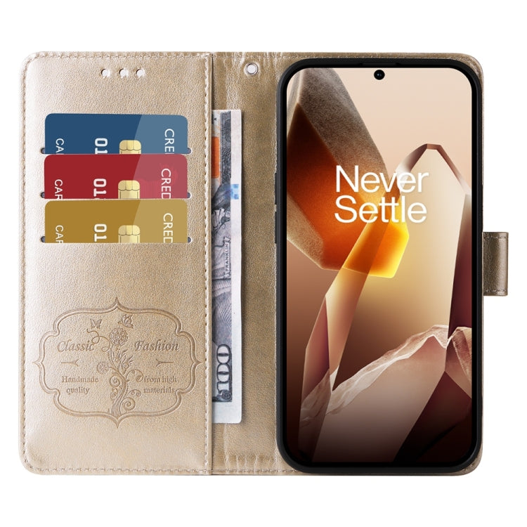 Funda de Cuero OnePlus 13 con Diseño de Mariposas y Flores en Relieve (Dorada)