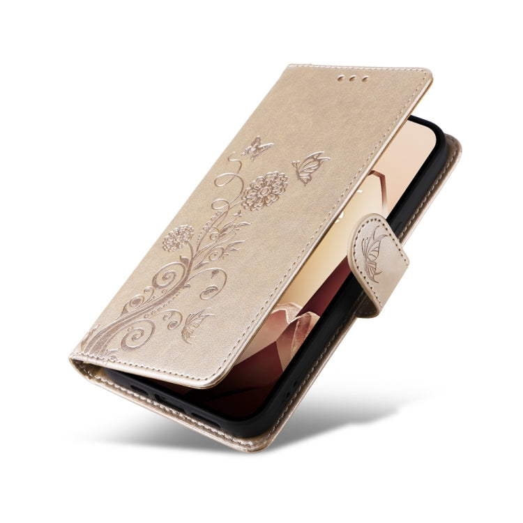 Funda de Cuero OnePlus 13 con Diseño de Mariposas y Flores en Relieve (Dorada)