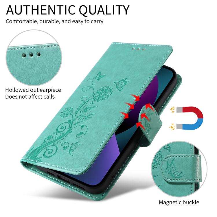 Funda de Cuero para OnePlus 13R/Ace 5/Ace 5 Pro con Diseño de Mariposas y Flores en Relieve (Verde)