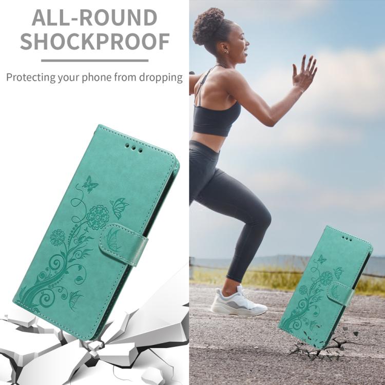 Funda de Cuero para OnePlus 13R/Ace 5/Ace 5 Pro con Diseño de Mariposas y Flores en Relieve (Verde)