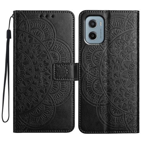 Funda de Cuero con Relieve Floral para Motorola Moto E15 (Negra)