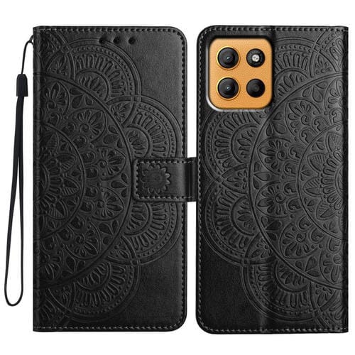 Funda de Cuero con Relieve Floral para Motorola Moto G15 (Negra)