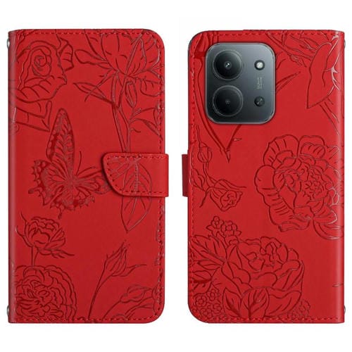 Funda de cuero con tapa y diseño de mariposas en relieve para Redmi 15C 4G (171,5 mm) / Poco C85 4G (rojo)