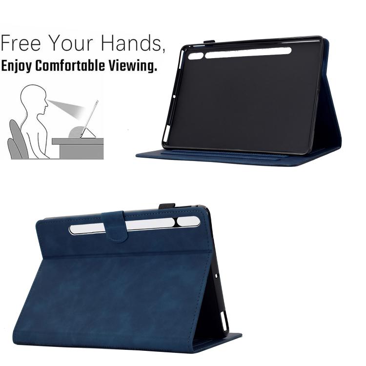 Funda inteligente de cuero con relieve de gatos para Samsung Galaxy Tab S10 FE+ (azul oscuro)