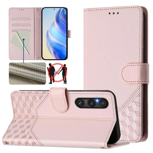 Funda de Cuero Rfid con Relieve en Panal para Sony Xperia 1 V (2023) (Rosa)
