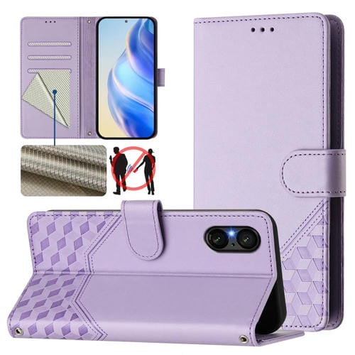 Funda de Cuero Rfid con Relieve en Panal para Sony Xperia 5 V (Morado Claro)