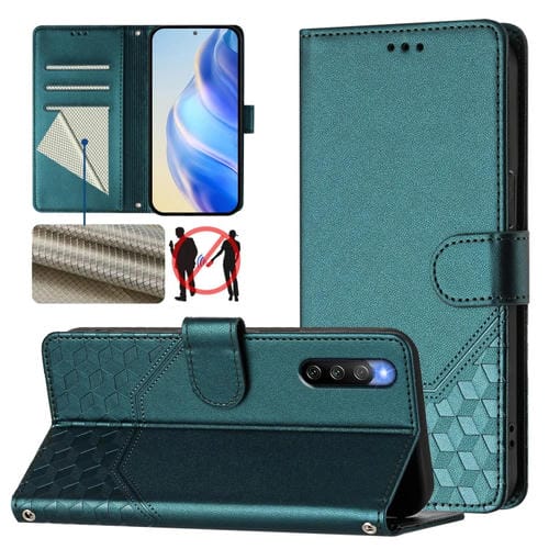 Funda de Cuero Rfid con Relieve en Panal para Sony Xperia 10 Iv (Verde Pavo Real)