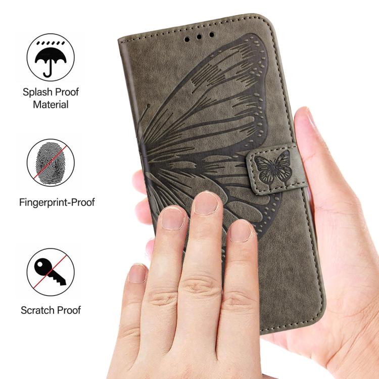 Funda de piel con diseño de mariposa en relieve para Samsung Galaxy M56 5G (gris)