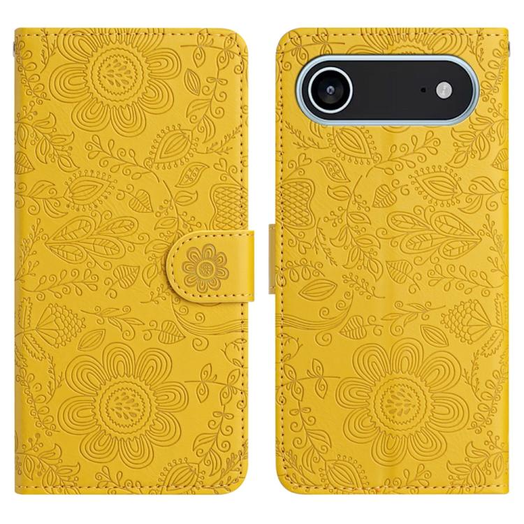 Funda de cuero con estampado floral en relieve para iPhone 17 Air (amarilla)
