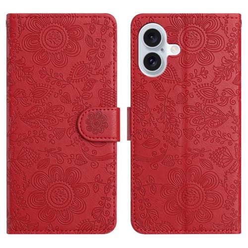 Funda de piel con estampado floral en relieve para iPhone 17 (roja)
