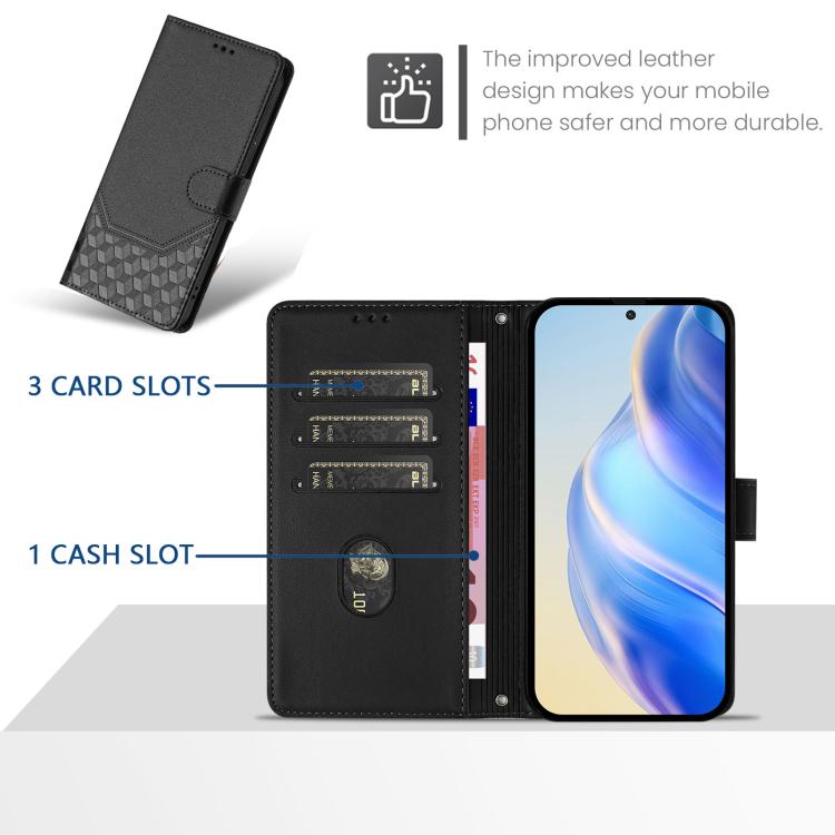 Funda de cuero con relieve de panal RFID para TCL 605/60 SE (negra)