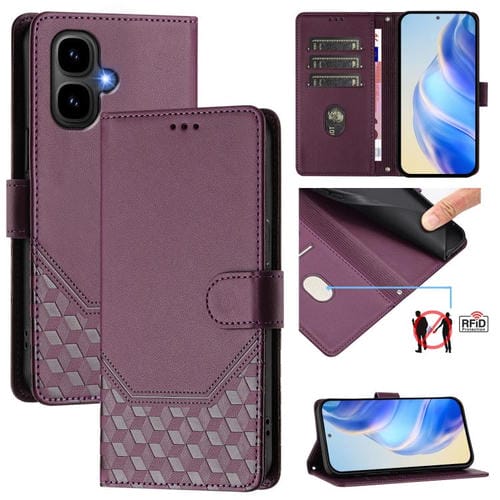 Funda de cuero RFID con relieve de panal para Tecno Pop 10 / Infinix Smart 10 4G (violeta)