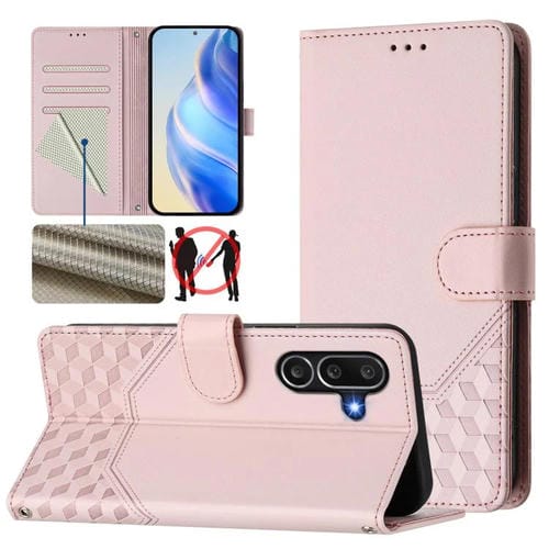 Funda de cuero con relieve de panal RFID para Samsung Galaxy M56 5G (rosa)