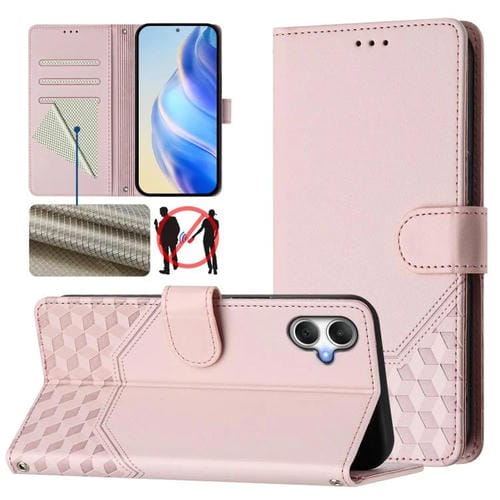 Funda de piel con relieve de panal RFID para Samsung Galaxy A07 4G (rosa)