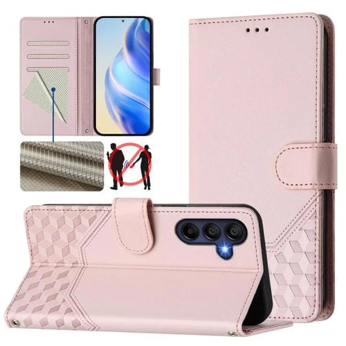 Funda de piel con relieve de panal RFID para Samsung Galaxy A17 4G (rosa)