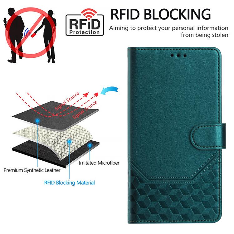 Funda de piel con relieve de panal RFID para Samsung Galaxy A17 4G (verde pavo real)