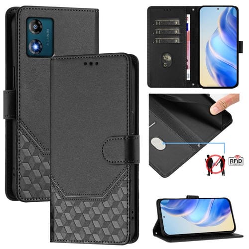 Funda de Cuero Rfid con Relieve en Panal para Motorola Moto E13 2023 4G (Negra)