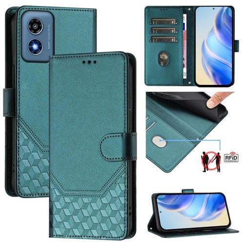 Funda de Cuero RFID con Relieve en Panal para Motorola Moto G Play 4G (2024) (Verde Pavo Real)