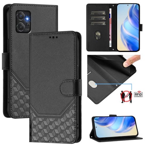 Funda de Cuero RFID con Relieve de Panal para Motorola Moto G Power 2023 5G (Negra)