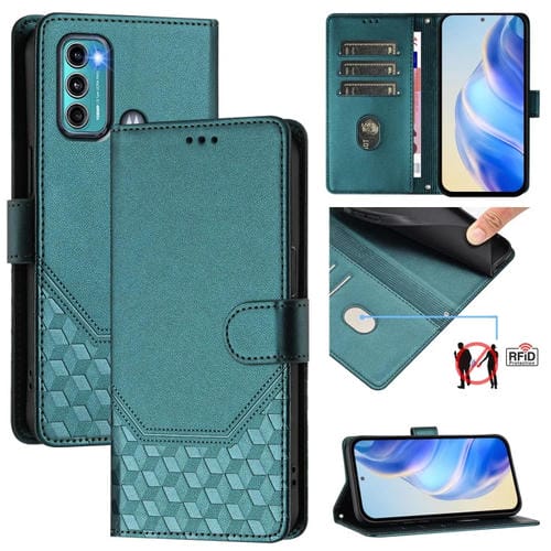 Funda de Cuero Rfid con Relieve en Panal para Motorola Moto G60/G40 Fusion (Verde Pavo Real)