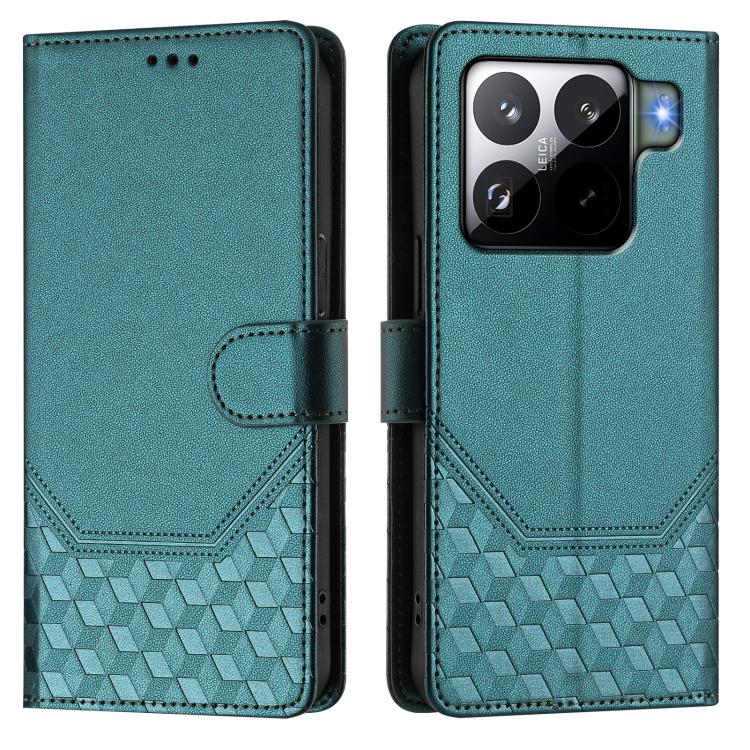 Funda de cuero con relieve de panal RFID para Xiaomi 15S Pro 5G (verde pavo real)