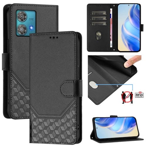 Funda de Cuero Rfid con Relieve en Panal para Motorola Edge 40 Neo 5G (Negra)