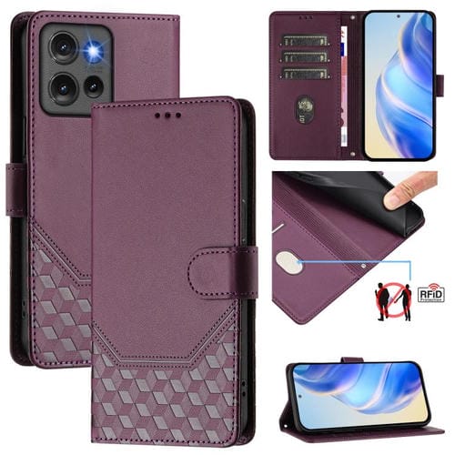 Funda de Cuero Rfid con Relieve de Panal Global para Motorola Edge 50 5G (Violeta)
